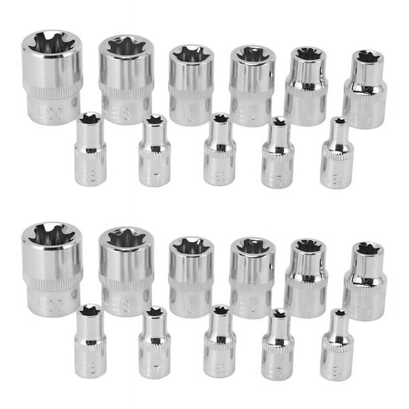 22Pc Female E Torx Star Socket Set Rail E4 - E20 External Star Torque Socket Set,10 x 1/4 inch Drive Sockets E4, E5, E6, E7, E8 12 x 3/8 inch Drive Sockets E10, E12, E14, E16, E18, E20,Silver