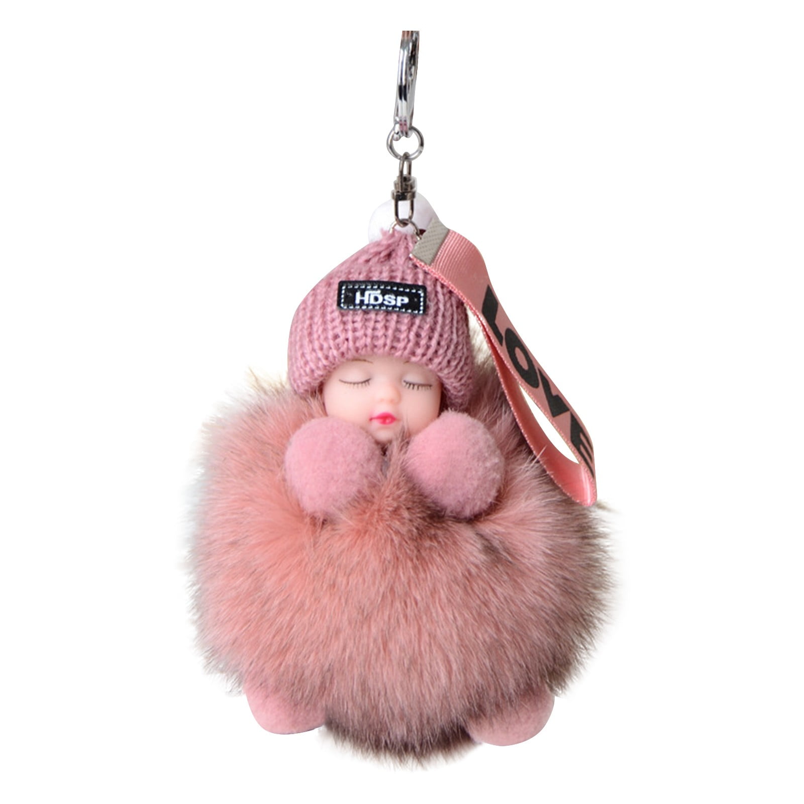 LOVE Webbing Cute Sleeping Baby Doll Keychain Pom Pom Rabbit Fur