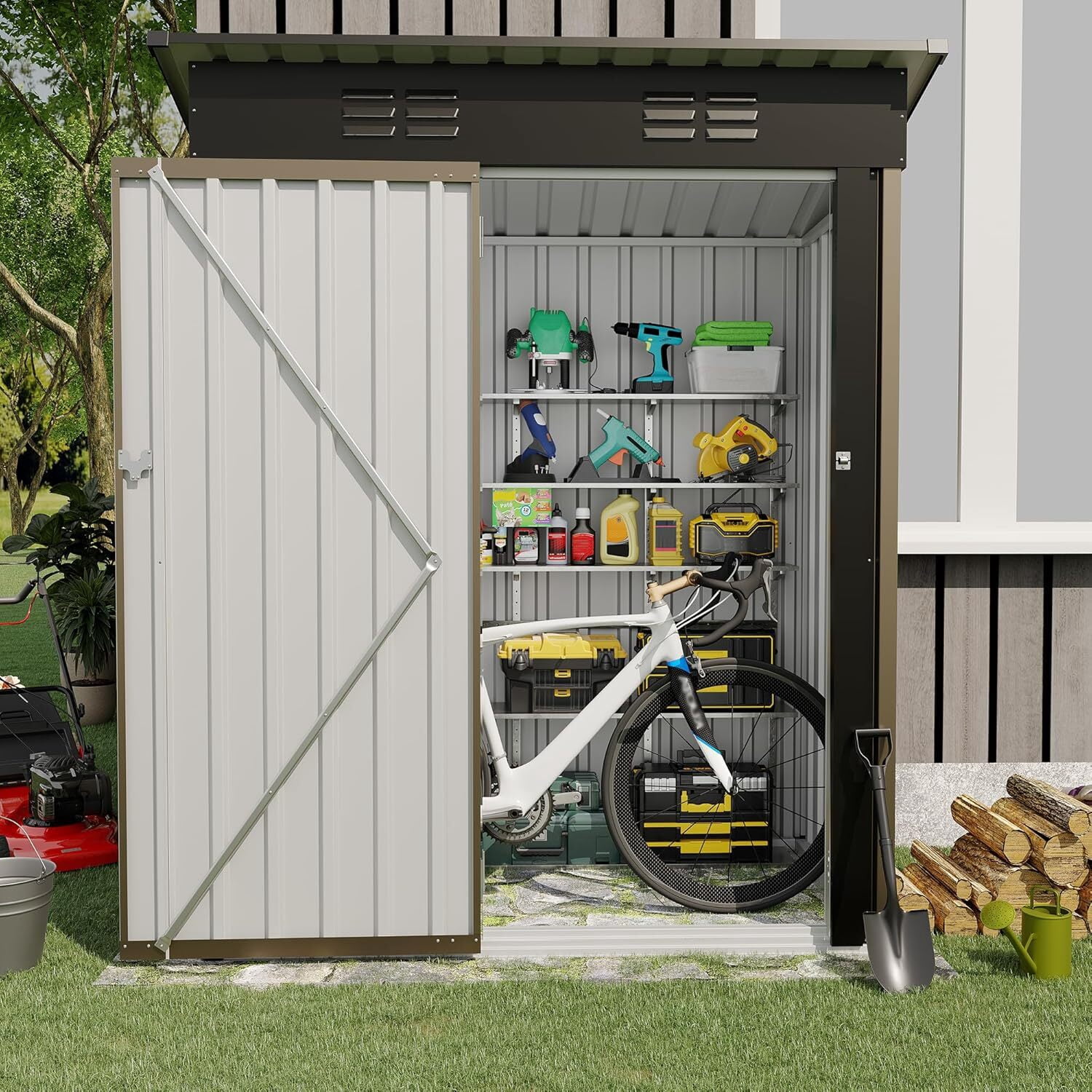 EuKer Metal Storage Sheds, 5ft x 3ft Small Outdoor Storage Shed with Lockable Door for Garden, Backyard, Brown