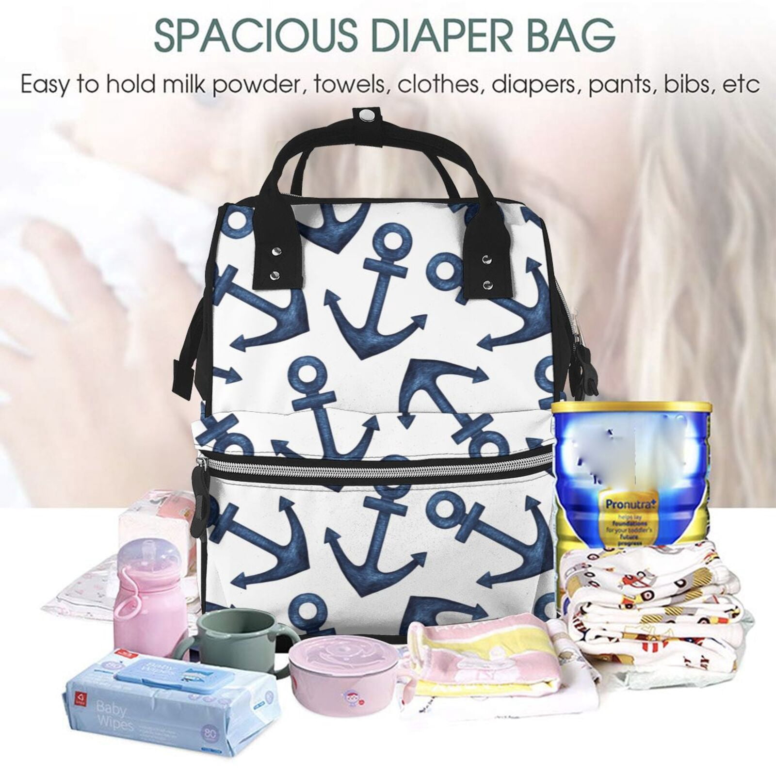 Ratiio Navy Blue Anchors Mummy Backpack - Waterproof Twill Canvas, Large Capacity Diaper Bag with Multiple Pockets and Adjustable Straps