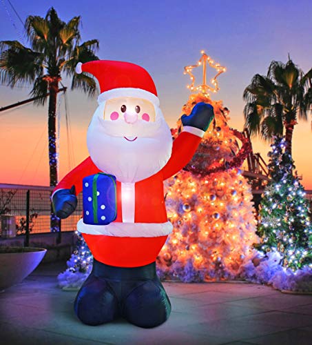 Christmas Inflatable Santa Claus Holding Gift Box LED Blow Up Santa Claus Yard Garden Decoration for Indoor Outdoor Lawn Home Holiday Party Decor