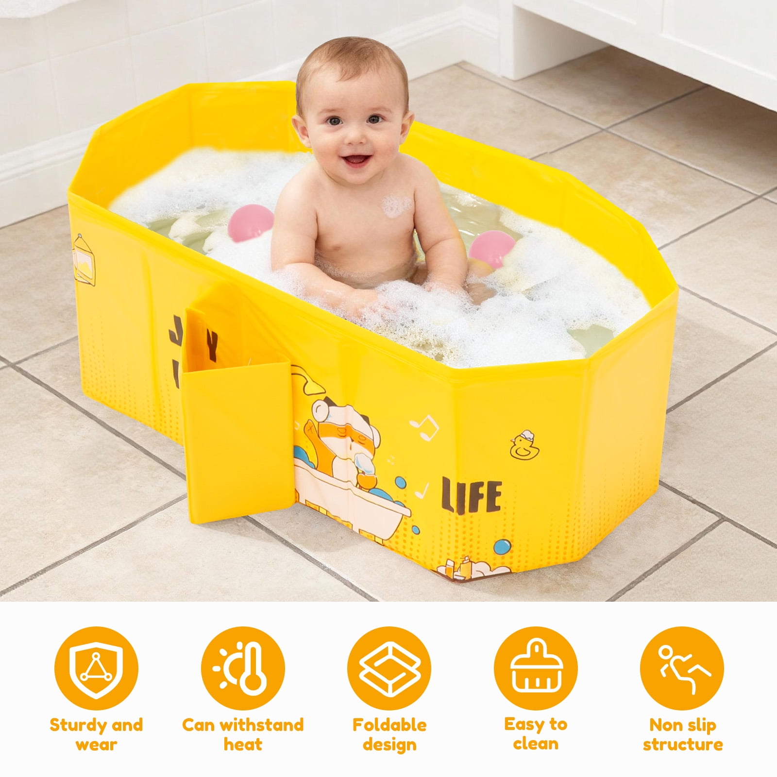 Austok Foldable Bathtub for Children Multifunctional Portable Bath Tub Large Toddler Bath for Age 0-8 All in One Design with Drain Plug