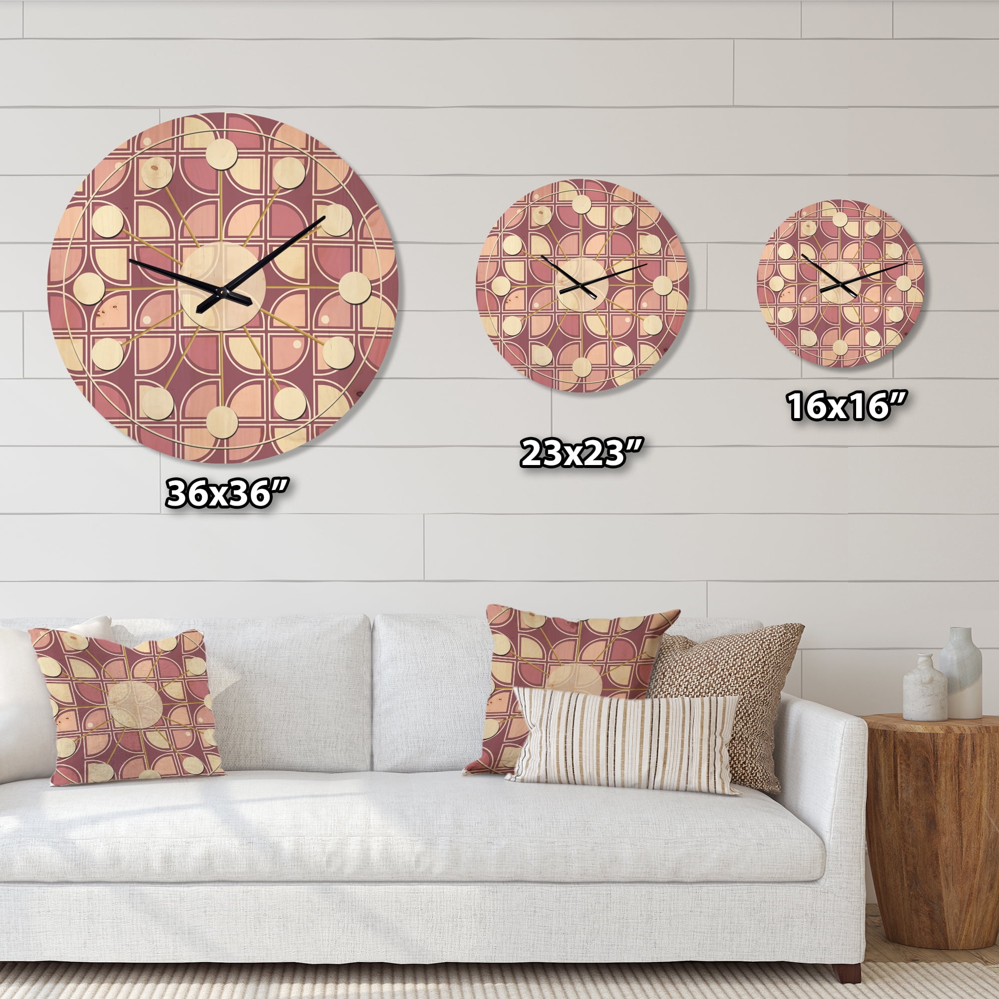 Designart 'Purple Pink Desing Retro Pattern' Mid-Century Modern Wood Wall Clock