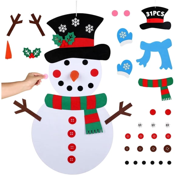 SENLLEO 20 x 39 Inch DIY Felt Christmas Snowman Games Set with 31 PCS Detachable Ornaments, Wall Hanging Xmas Gifts for Christmas Decorations