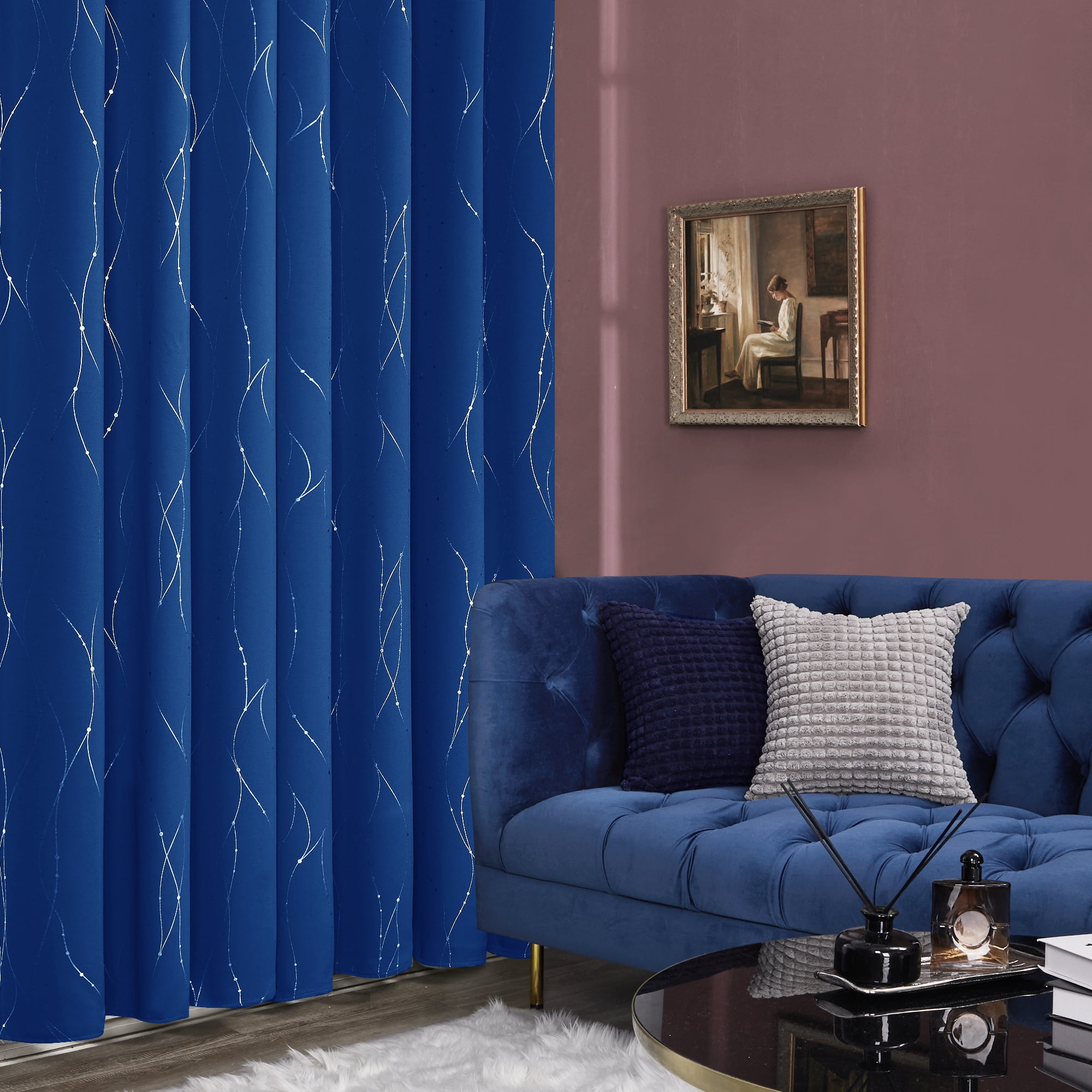 ZOPZO Blackout Curtains, Energy Saving, 2 Panels, Royal Blue, 52W x 95L Inch, Noise Reducing, Thermal Insulated With Wave Line and Dots