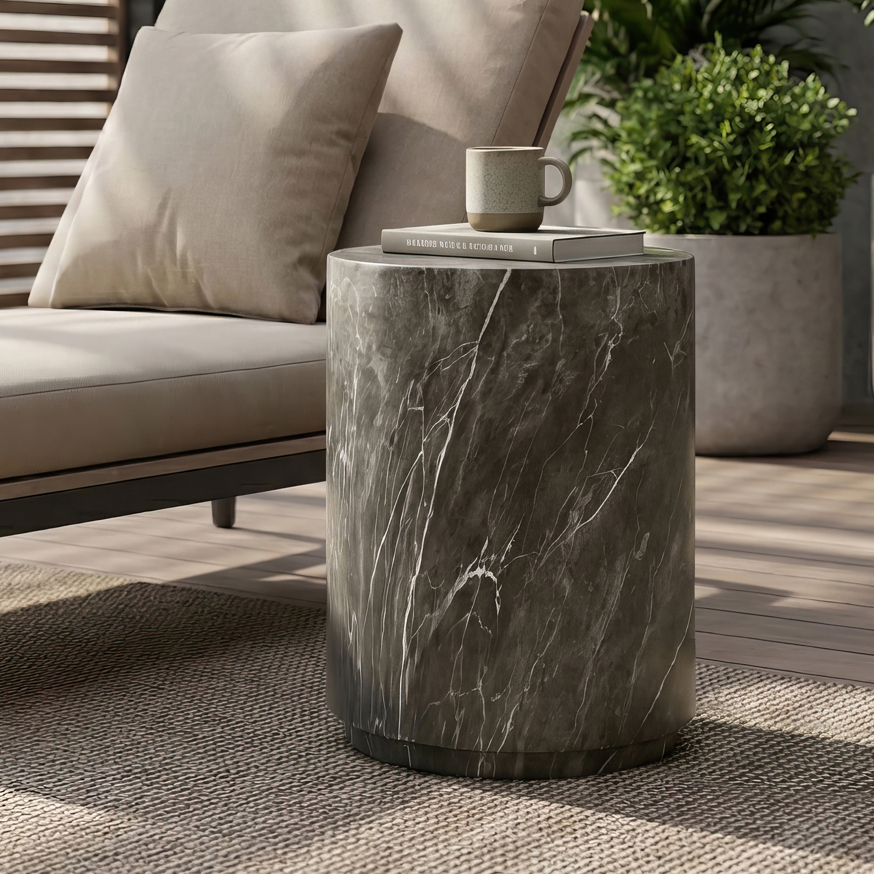 Furniture of America Isla Modern Stone Indoor & Covered Patio Round Drum End Table, Brown Gray Marble