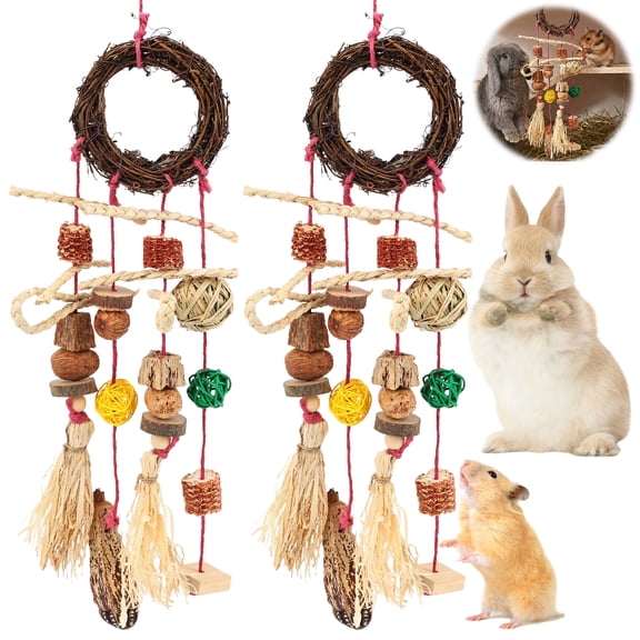 2 Pcs Rabbit Toys Bunny Chew Toys for Teeth, Natural Rabbit Toys Apple Wood Grass Timothy Sticks Chew and Treat for Guinea Pigs Hamster Chinchillas