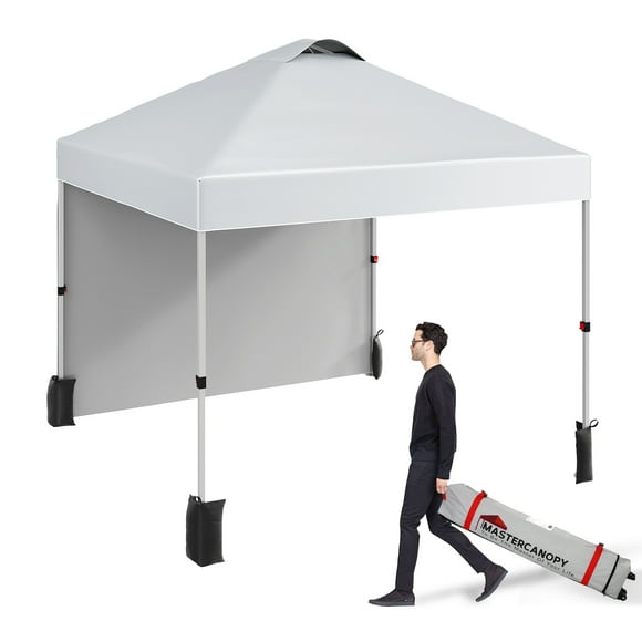 Tente à Auvent 10 X 10 Pi, Tente Escamotable avec 1 Paroi Latérale et Toit Ventilé, Protection UV 50+, Tente Extérieure Instantanée avec Verrou Central Breveté, Pattes Ajustables, Sac de Transport à Roulettes, Blanc