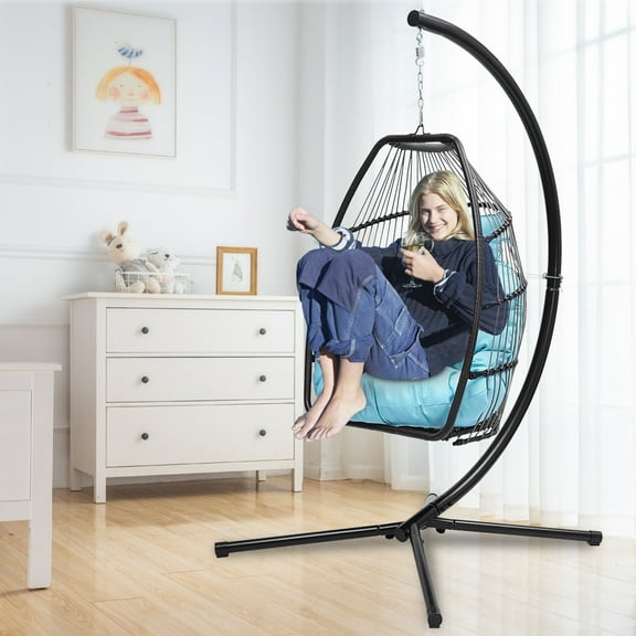 SEGMART Outdoor Hanging Egg Chair with Stand, Wicker Hanging Swing Chair with Steel Frame and UV Resistant Cushion, Hammock Basket Egg Chair, 250lbs Capacity for Indoor Outdoor Yard Balcony Patio