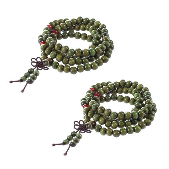 2X Olive Green Sandalwood Beads Buddha Buddhist Necklace Rosary 29 inch