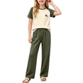 thumbnail image 2 of Amidoa Toddler Girls 2 Piece Outfits Summer Clothes T Shirt Cute Solid Color Ruffle Sleeve Short Sleeves Casual Pants Kids Clothing Sets Army Green Size 14, 2 of 8