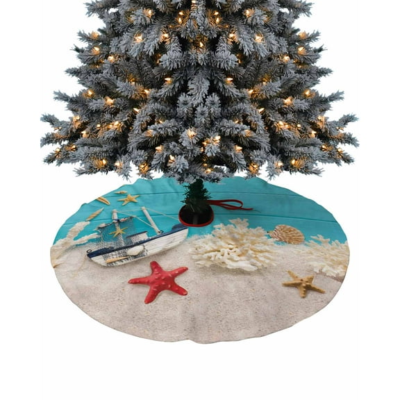 Summer Beach Christmas Tree Skirt 36 Inches Large Christmas Skirt Tree, Ocean Coastal Starfish Coral Blue Wooden Tree Skirt Christmas Decorations for Fireplace Party Holidays Indoor Outdoor