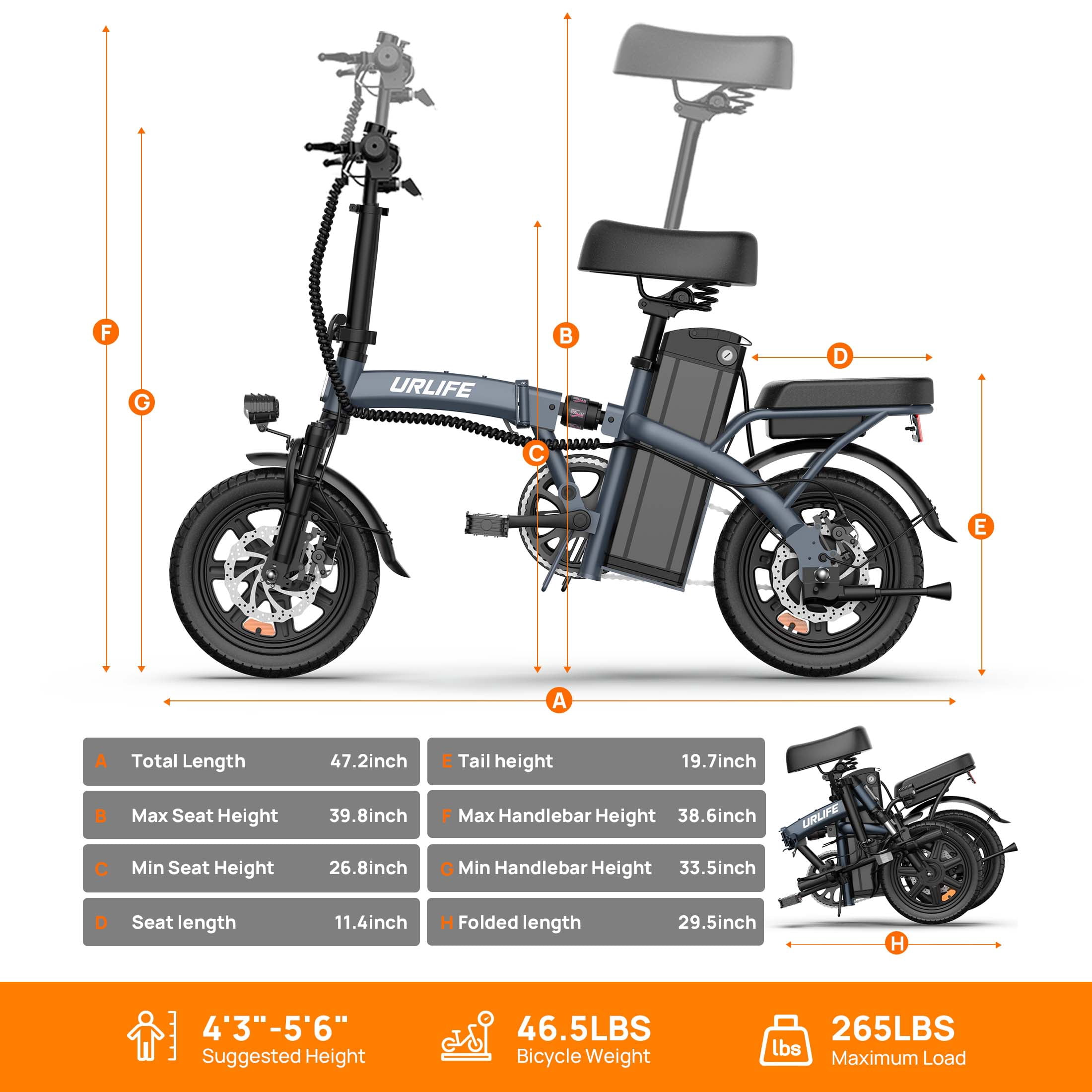 URLIFE Folding Electric Bike for Adults, 14" Portable Commuter Ebikes, 20-40 Mile Long Range, 500W Peak Motor, 20MPH,48V 7.5Ah Removable 48V Battery, UL2849 Mini Bike