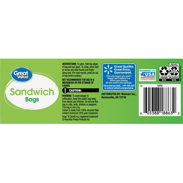  Great Value Double Zipper Sandwich Bags, 200 count : Health &  Household