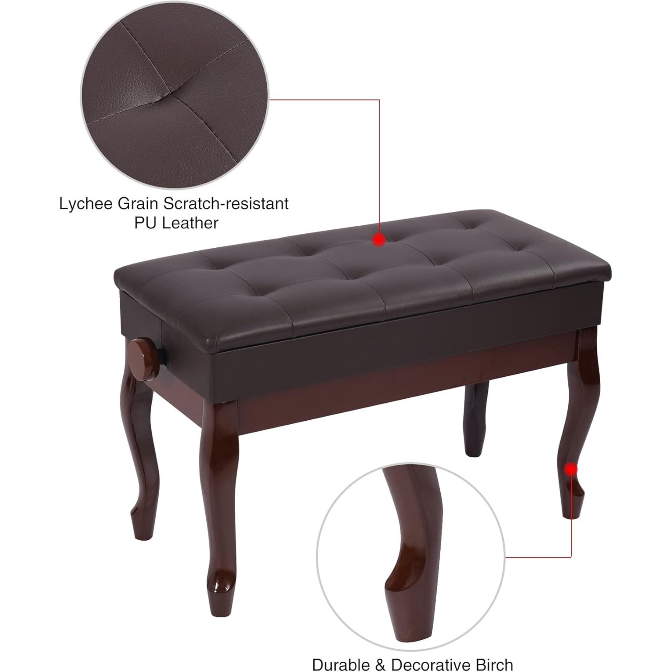 REDCAMP Adjustable Duet Piano Bench with Storage,Heavy Duty Wooden Double Keyboard Piano Bench Seat with PU Leather Cushion,Brown