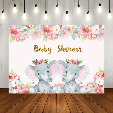 Image of 7x5ft Twin Princesses Elephant Backdrop Pink Floral Elephant Baby Shower Party Decorations Banner Gir Elephant Background for Baby Shower Vinyl
