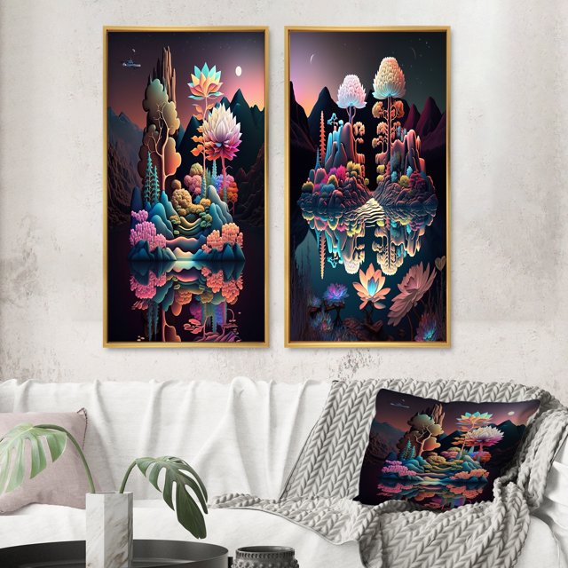 Designart "Mysterious Nocturnal Flora Abstracted Lake II" Abstract Landscape Framed Wall Art Set Of 2 - Modern Multicolor Framed Wall Art Set Of 2