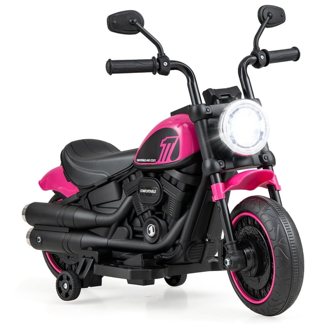 Costway Motocicleta eléctrica para niños de 6 V con ruedas de entrenamiento, faros LED, tablero de música, color rosa
