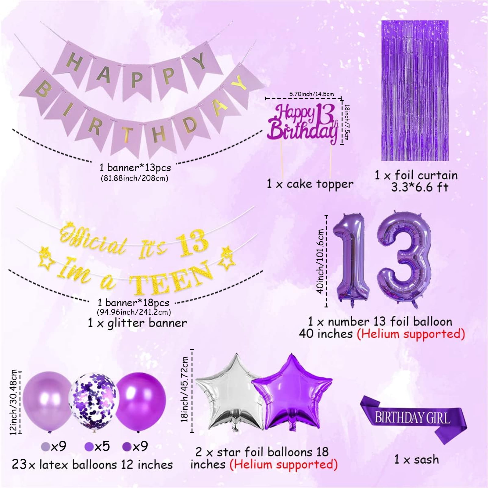 Purple 13th Birthday Decorations for Girls 13 Year Old Birthday Decorations Happy 13th Birthday Cake Topper Party Supplies Purple Number 13 Foil Balloon