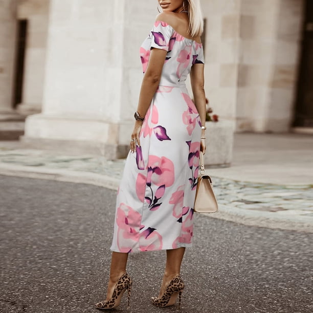 Qipopiq Cocktail Dresses For Women Party Short Sleeve Sexy Off Shoulder Floral Summer Dress Print High Slit Waist Ruched Bodycon Evening Party Dresses