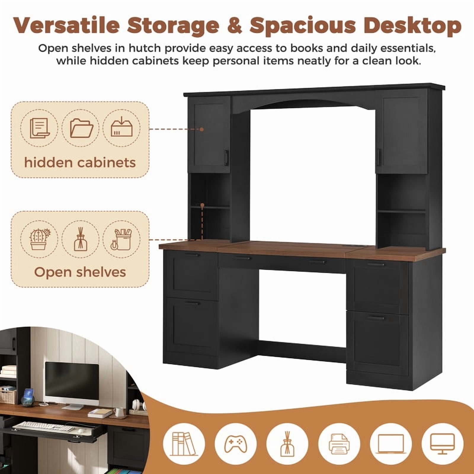 Howcool 68.6"H Farmhouse Arched Computer Desk with Hutch, Workstation with Built-In Charging Station, Keyboard Tray, All-in-One Writing Desk with File Drawer for Home Office