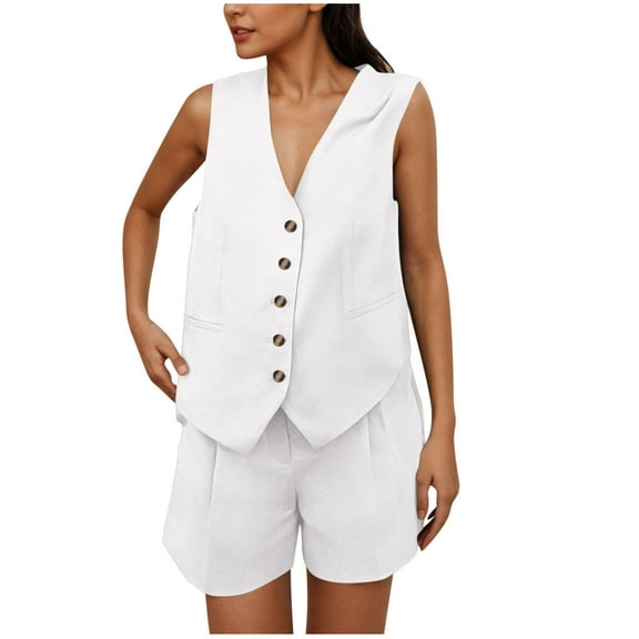 Kaemgyyd Women Summer 2 Piece Outfits Loose V Neck Sleeveless Button down Vest Pleated Shorts Sets Business Work Matching Set
