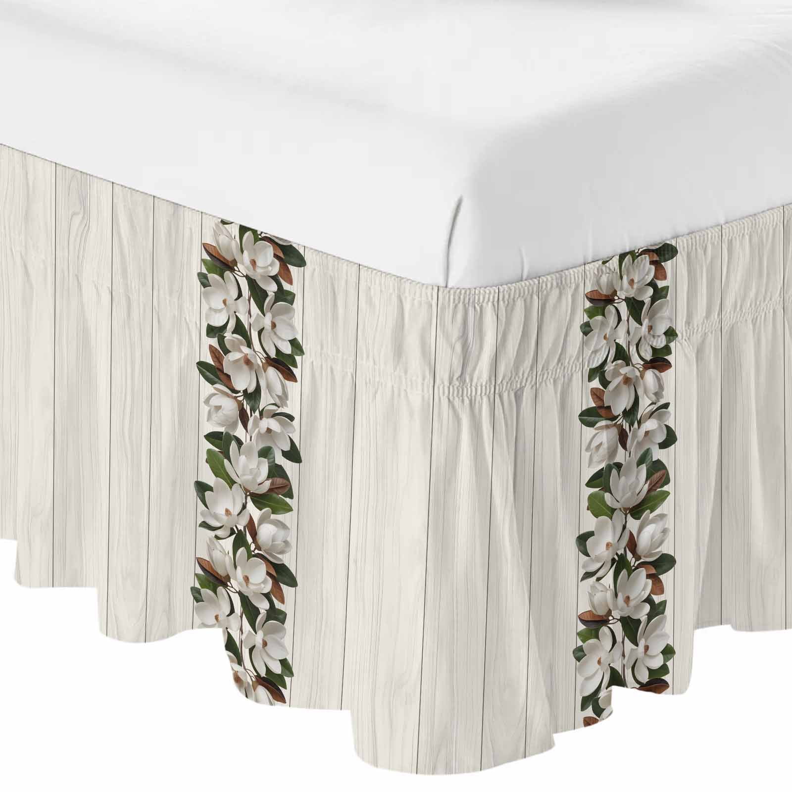 Bed Skirt Retro Magnolia Adjustable Elastic Wrap-Around Dust Ruffle with Flower Leaf Classic Beige Wood Grain Texture 16 Inch Drop, Bed Frame Cover for Queen Size Bed