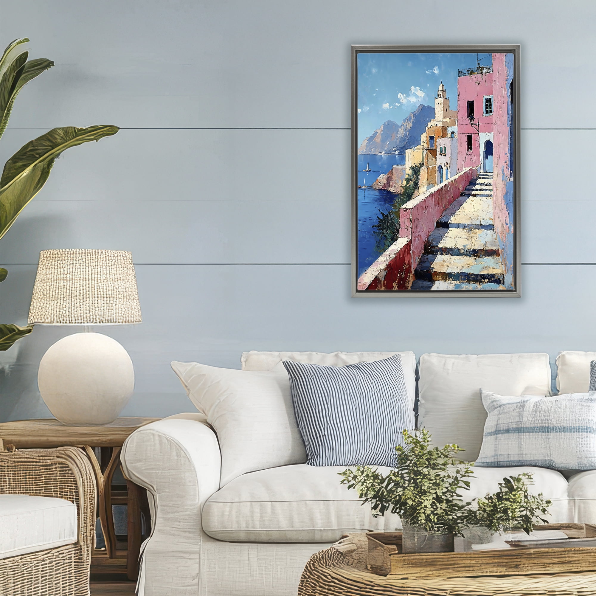 Stupell Industries Coastal Village's Sunlit Pathway Gray Framed Floater Canvas Wall Art, design by Creative Studio