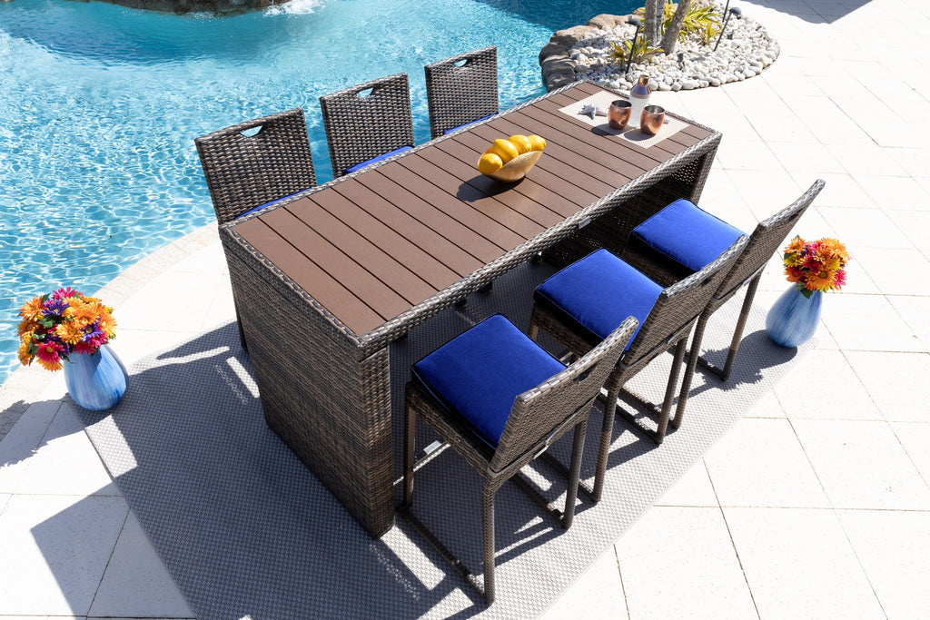Sorrento 7-Piece Resin Wicker Outdoor Patio Furniture Bar Set in Brown w/Bar Table and Six Bar Chairs (Flat-Weave Brown Wicker, Sunbrella Canvas Navy) - image 1 of 5