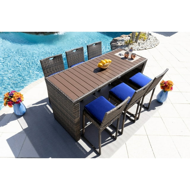 Sorrento 7-Piece Resin Wicker Outdoor Patio Furniture Bar Set in Brown w/Bar Table and Six Bar Chairs (Flat-Weave Brown Wicker, Sunbrella Canvas Navy)