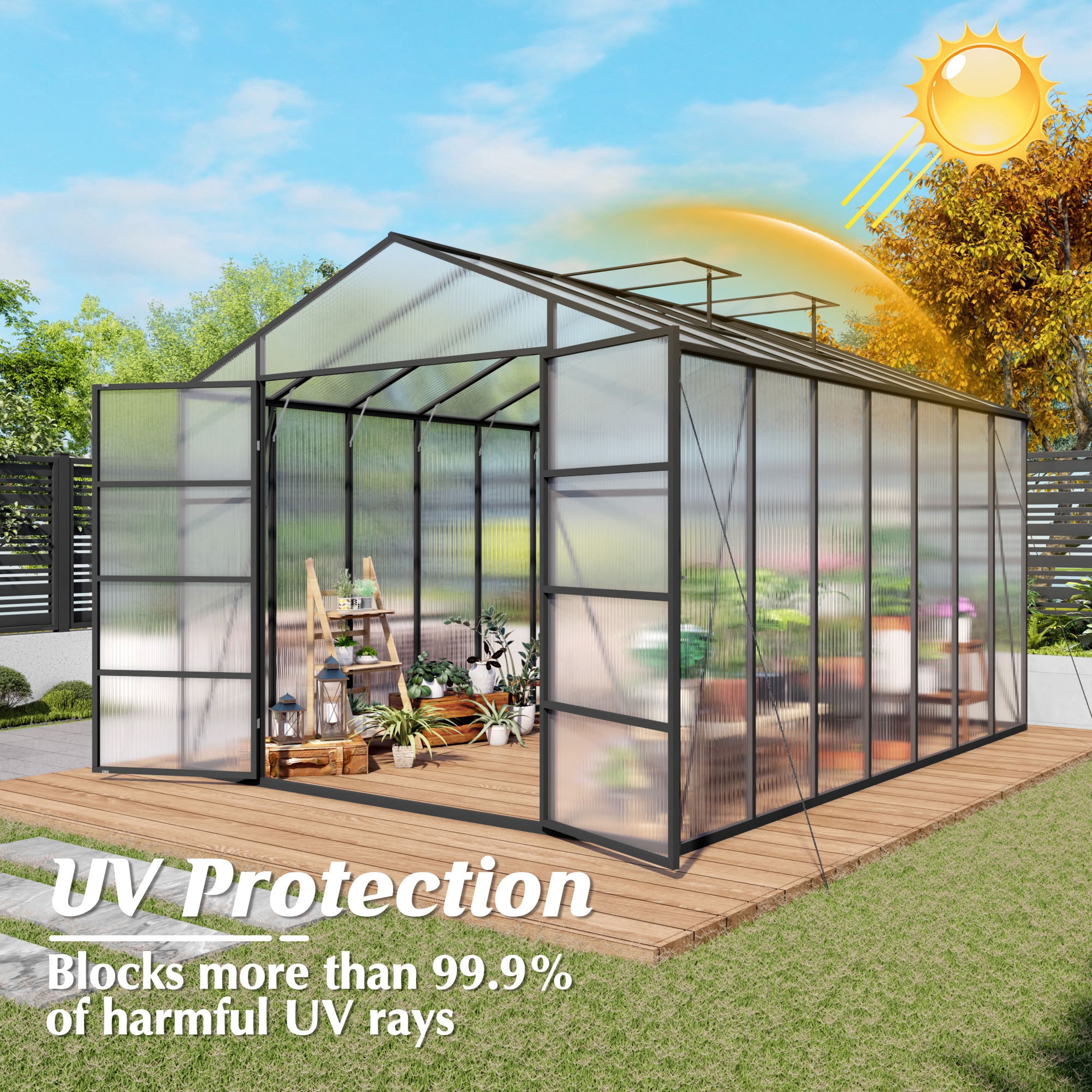 MAYEERTY 10x14 FT Walk-in Greenhouse with Aluminum Frame, All-Season Windproof Greenhouse with Drainage for Backyard, Garden & Patio