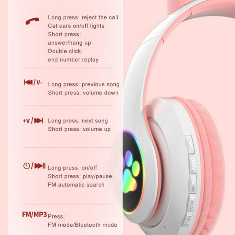 STN-28 Cat Ear Headset Bluetooth 5.0 Wireless E-sports Headphones with Light  Pink 