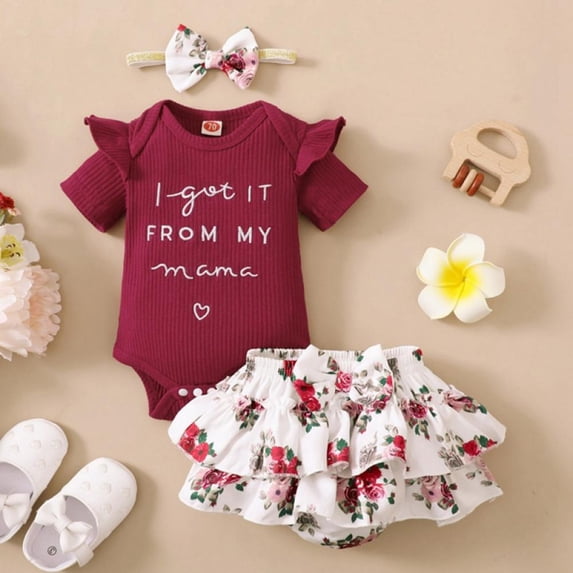 Uccdo Baby Girls Bloomers Shorts Clothes, Infants Short Sleeve Bodysuit & Layered Shorts with Headband 3Pcs Summer Outfit Set, Size 0-18M