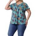 thumbnail image 4 of Blusas de verano casuales de talla grande para mujer Agnes Orinda con volantes y plisados en cuello en V, manga corta 1X Círculo azul naranja, 4 of 6