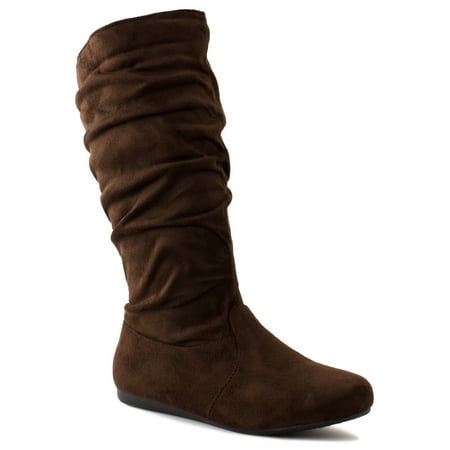 New Girls Slouch Comf Tall Midcalf Suede Winter Boots Shoes (10, Brown SLENA 23-K)