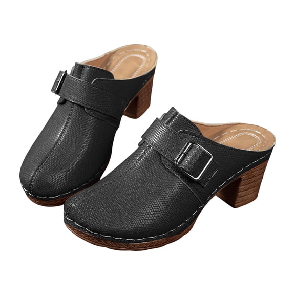 Mules for Women Retro Leather Closed Toe Chunky Heeled Sandals Fashion Buckle Strap Backless Heels Casual Slides Black Size 6