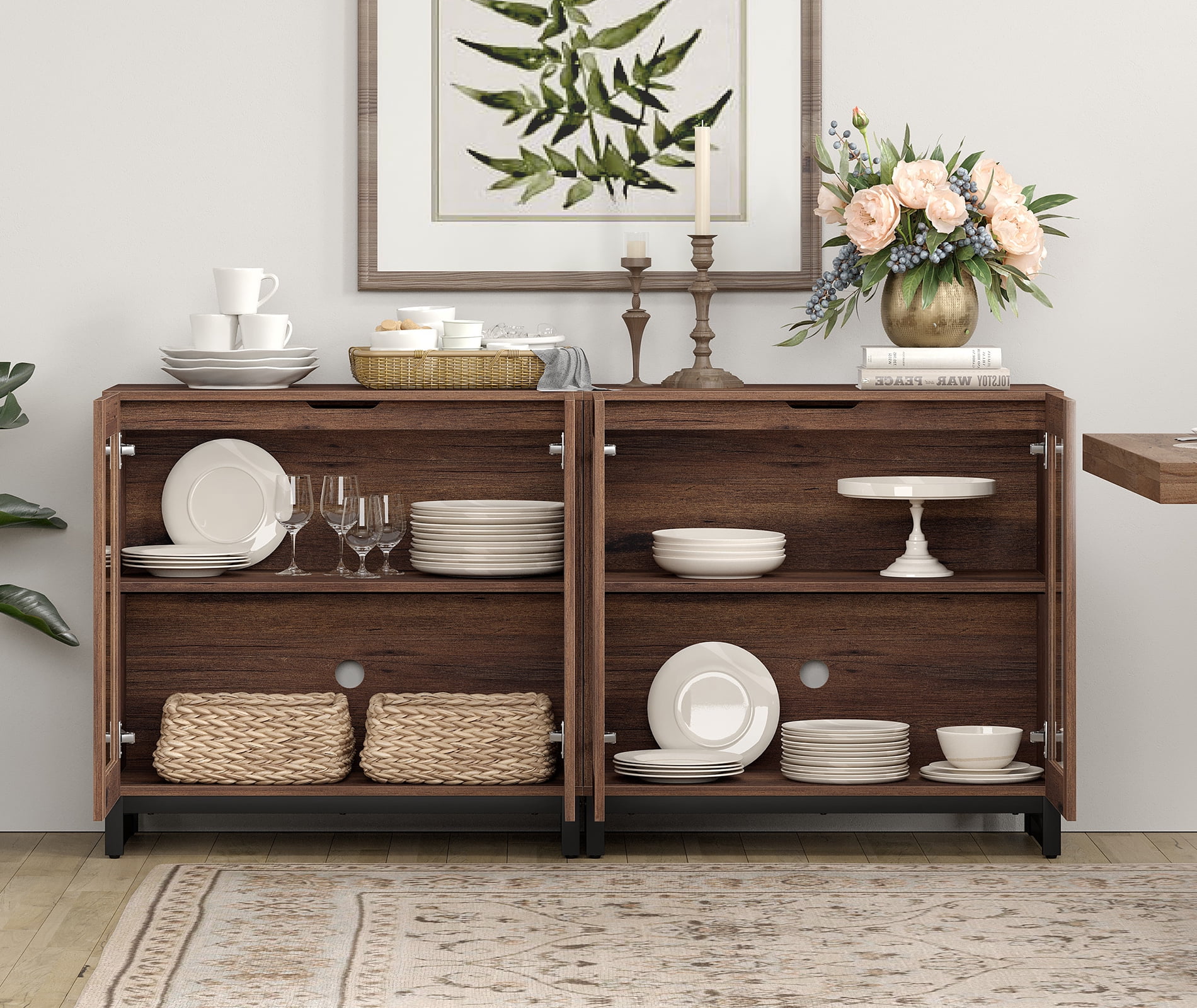WAMPAT 2-in-1 Multifunctional Sideboard Buffet Cabinet with 4 Glass Doors and Adjustable Shelf Coffee Bar Storage Cabinet for Living Room Kitchen,Brown
