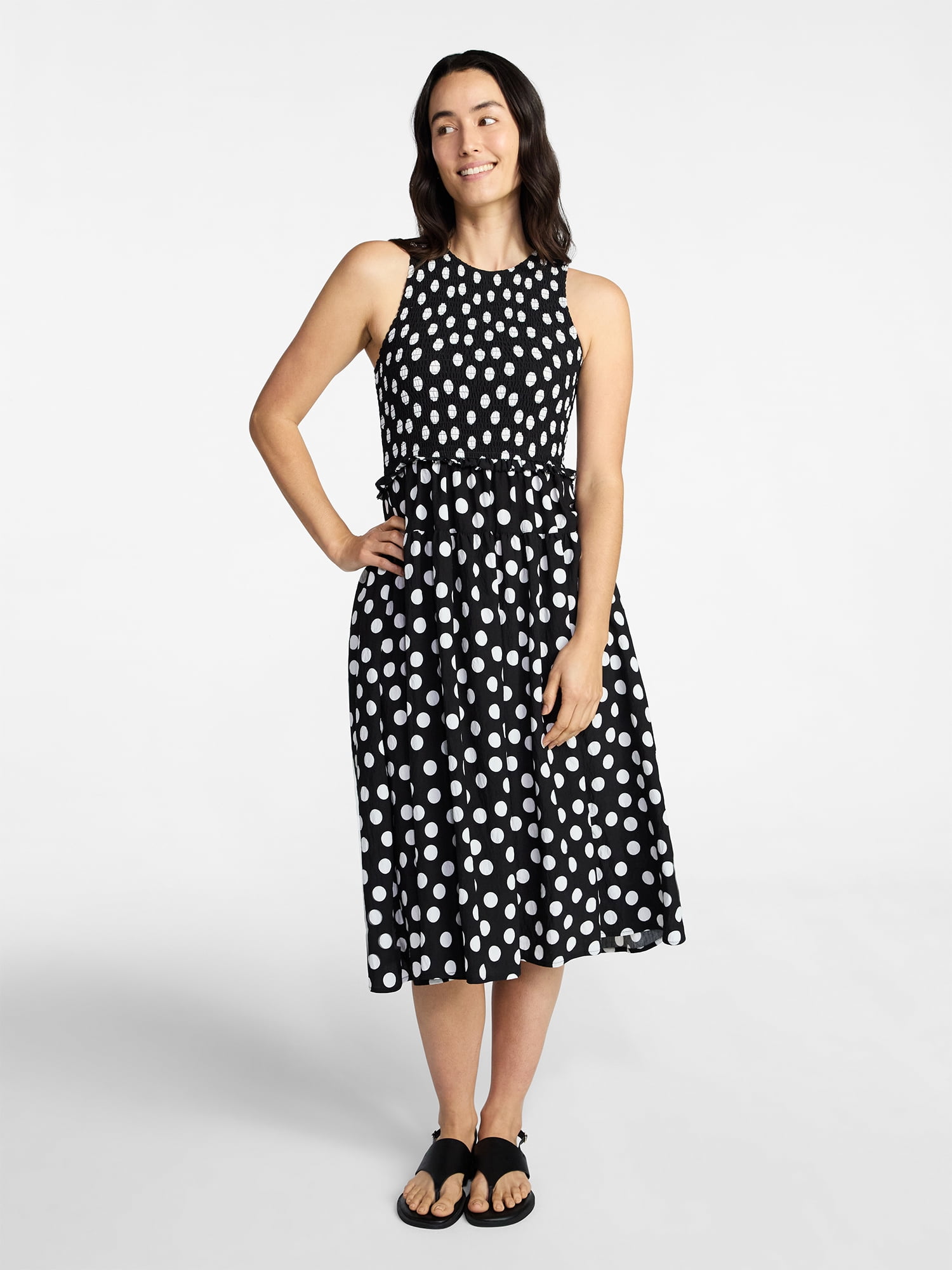 Time and Tru Women's Tiered Skirt Ruffle Smocked Midi Dress, Sizes XS-4X