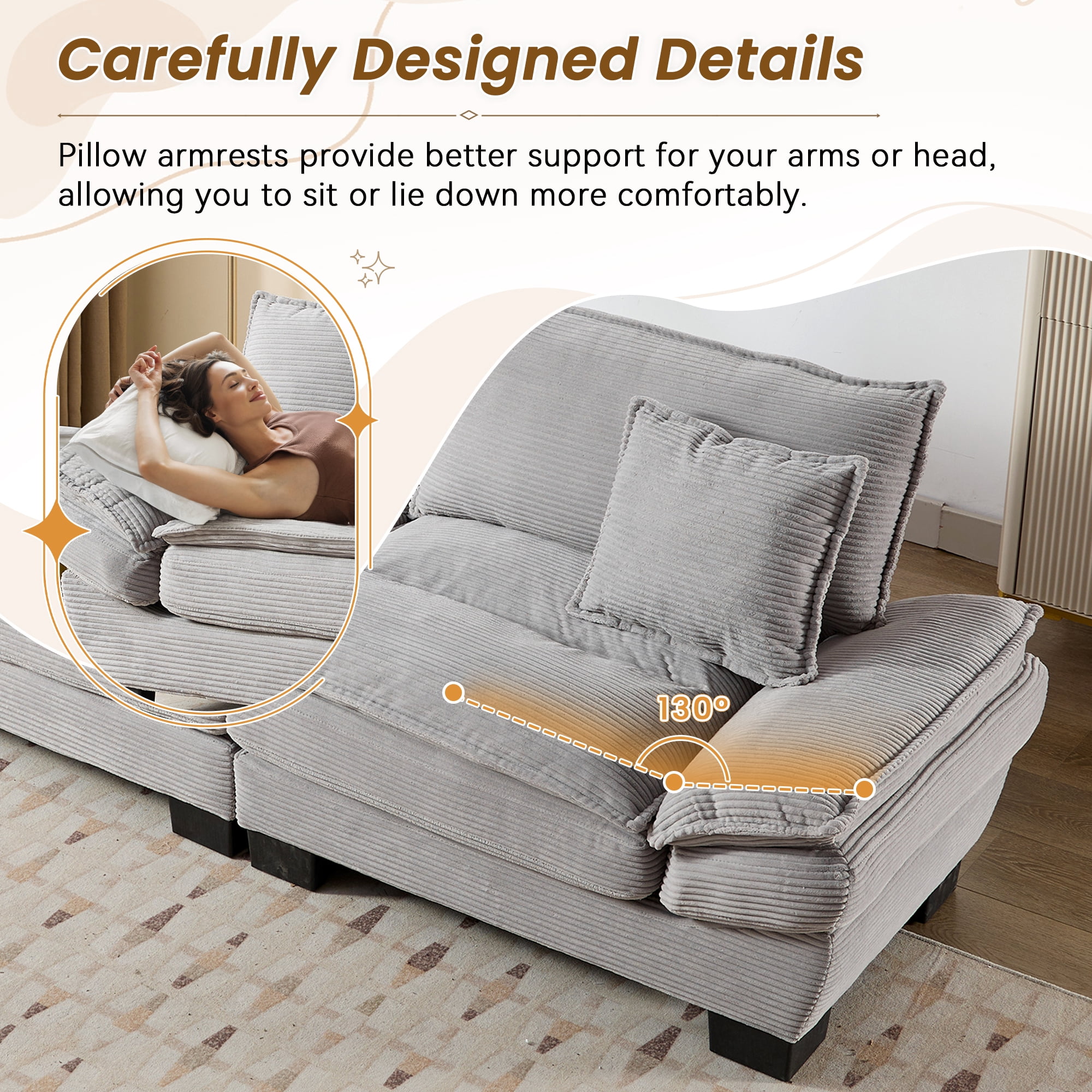 Dinosisco 84"L Deep Seat Sofa, Corduroy Upholstered Sleeper Couch for Living Room, Light Gray