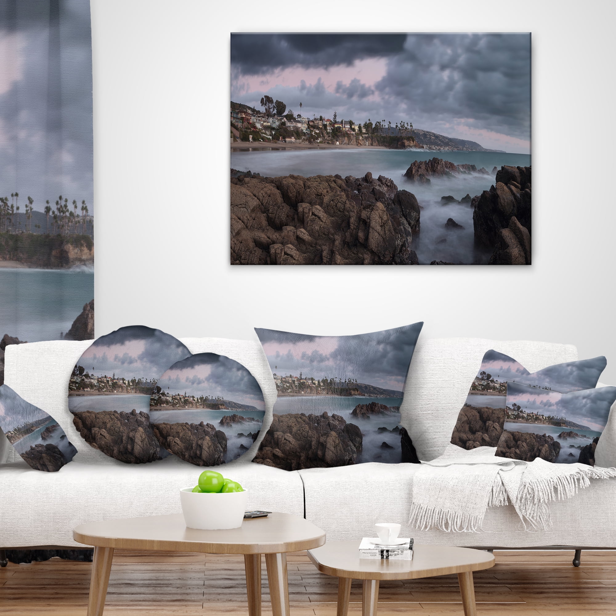 Designart Heavy Rain Clouds Over Crescent Bay - Landscape Wall Throw Pillow - 18x18