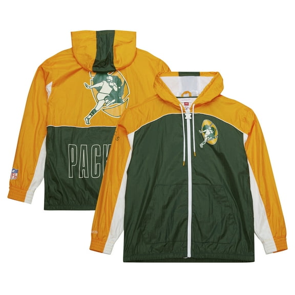 Men's Mitchell & Ness Green/Gold Green Bay Packers Big Shot Premium Full-Zip Windbreaker