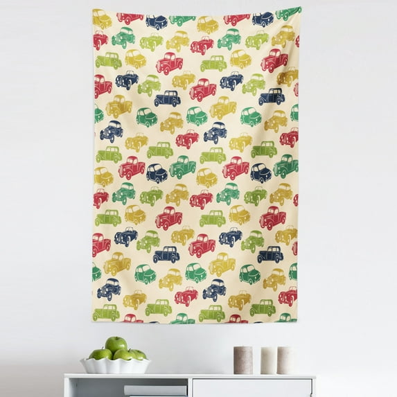 Cars Tapestry, Various Vehicles with Curved Edges Vintage Car Designs from Fifties, Fabric Wall Hanging Decor for Bedroom Living Room Dorm, 5 Sizes, Dark Blue Red Fern Green, by Ambesonne