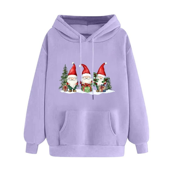 Women’s Merry Christmas Hoodie Long Sleeve Sweatshirt with Santa or Xmas Tree Graphic Printed Design Drawstring Closure Front Pocket Cozy Casual Holiday Top for Fall and Winter