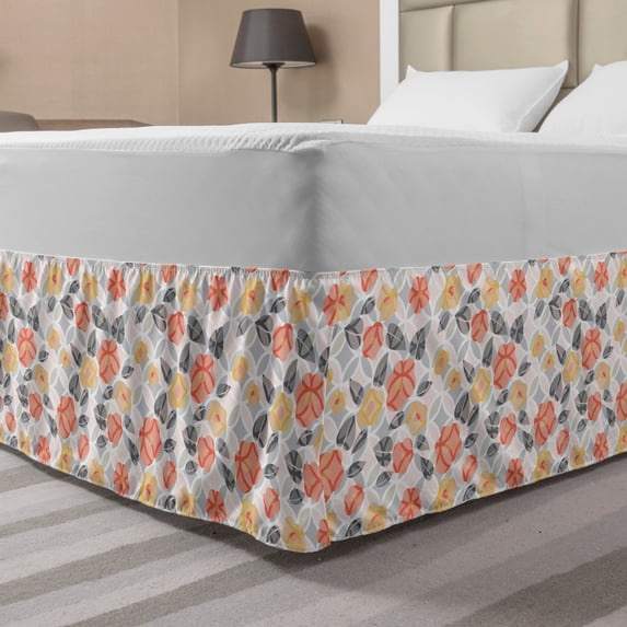 Floral Bed Skirt, Pastel Simple Spring Flowers Oval Motifs Intertwined, Elastic Bedskirt Dust Ruffle Wrap Around for Bedding Decor, 4 Sizes, Peach Burnt Sienna, by Ambesonne