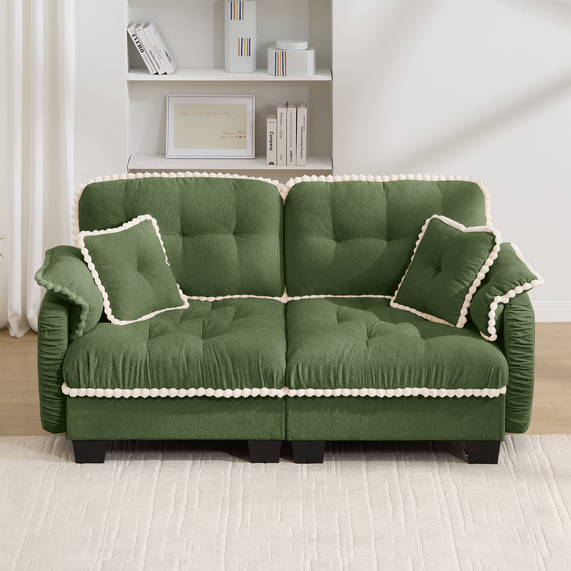 Anpport 70" Chenille Cloud Loveseat with 4 Pillows, Pom‑Pom Trim, Quilted Tufted Ergonomic, Easy Assembly Deep Seat for Living Room Apartment, Green