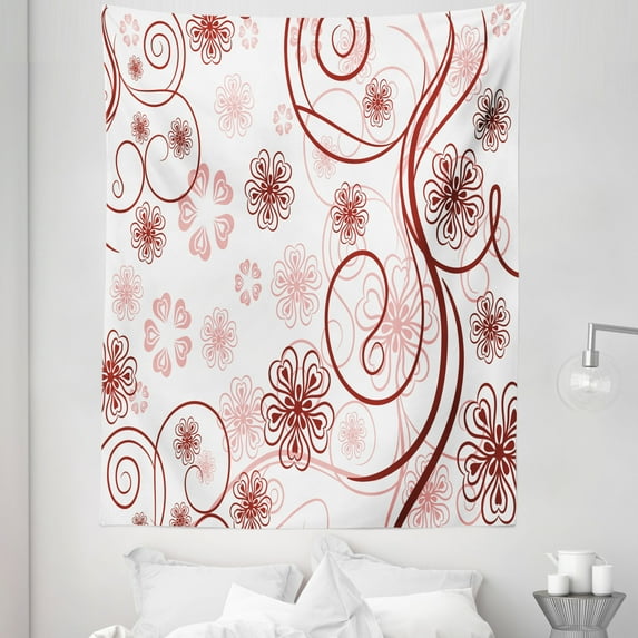 Vintage Floral Tapestry, Flowers and Bold Lines Vibrant Color Image Valentines Day Bouquet, Fabric Wall Hanging Decor for Bedroom Living Room Dorm, 5 Sizes, Pale Pink Ruby White, by Ambesonne