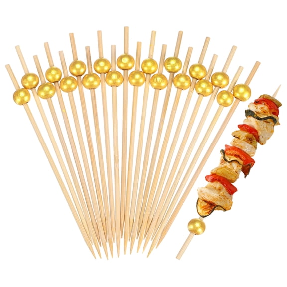 Uxcell 100-Pack Cocktail Picks, 4.7 Inch Long Bamboo Fancy Toothpicks for Barbecue/Charcuterie Boards/Fruit [Gold Tone, Bead]