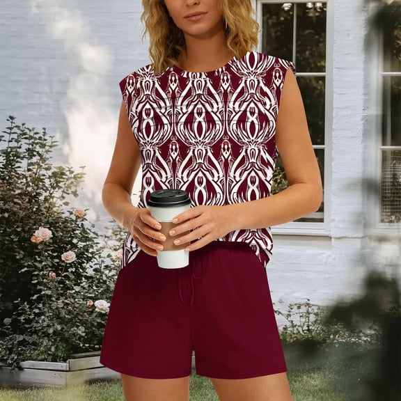 Karymi Short Sleeve Shirts for Women 2-Piece Casual Outfit, Crew Neck Cap Sleeve Ruched Front Printed Top   Solid Drawstring Elastic Waist Shorts, Summer Set Workout Tops for Women