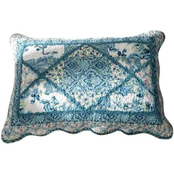 Tache Cotton Patchwork Farmhouse Antique Blue White Floral Scalloped Petal Dance 20x36 King Pillow Sham 1 Piece