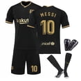 thumbnail image 1 of KEVCHE 2021 FC Barcelona Jersey 4 Piezas Sets, Adultos Futbol MESSI Jersey Number #10 Printed Soccer Jerseys Shorts Socks Shin Guards Set, Jersey de MESSI Barcelona para Adultos, Negro #10/M, 1 of 6